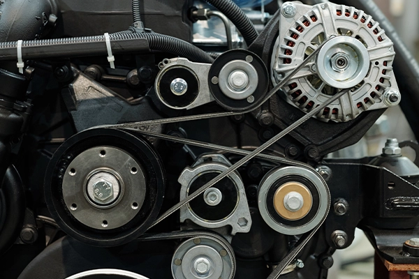 Accessory belt on side of engine connecting alternator, water pump, and other components